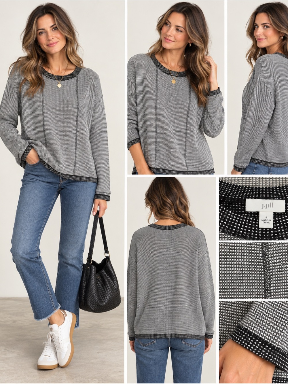 J.Jill Black & White Textured Knit Pullover Sweater Size Small